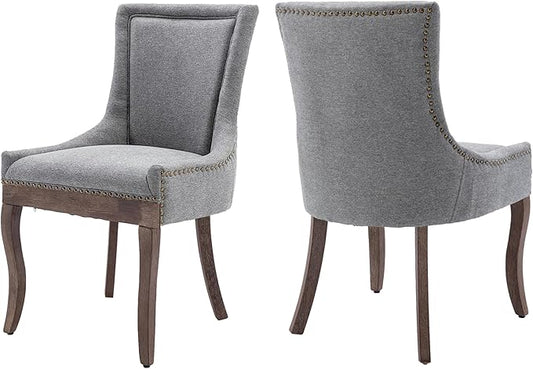 Farmhouse Dining Chairs Set of 2, Upholstered Fabric Dining Room Accent Chairs with Wood Legs & Bronze Nailhead, High Wingback Kitchen Chairs for Living Room Hotel Apartment, Gray