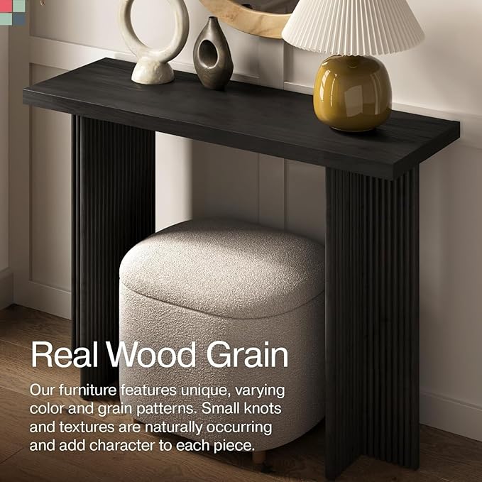 Fluted Console Table - Small Entry Desk for Narrow Spaces - Modern, Mid-Century Home Decor - Living Room Furniture - Solid Wood Entryway Table - Fluted Cross Bass and Rectangular Top (Black)