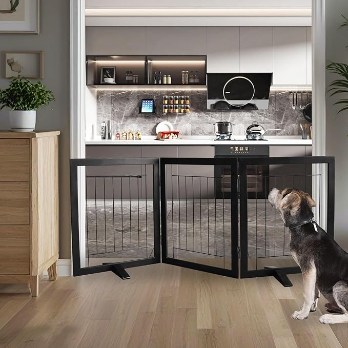 ZJSF Freestanding Dog Gate Indoor, Foldable Dog Fence for Doorways,Hallways or Stairs, Sturdy Wood Extra Wide Pet Gate with Support Feet,Black,24 "Height-3 Panels