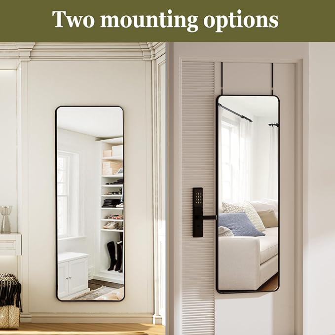 BEAUTYPEAK 14"x48" Full Length Over The Door Mirror, Aluminum Alloy Frame Full Body Mirror with Height-Adjustable Hangers, Hanging Mirrors for Bedroom, Living Room, Bathroom, Black