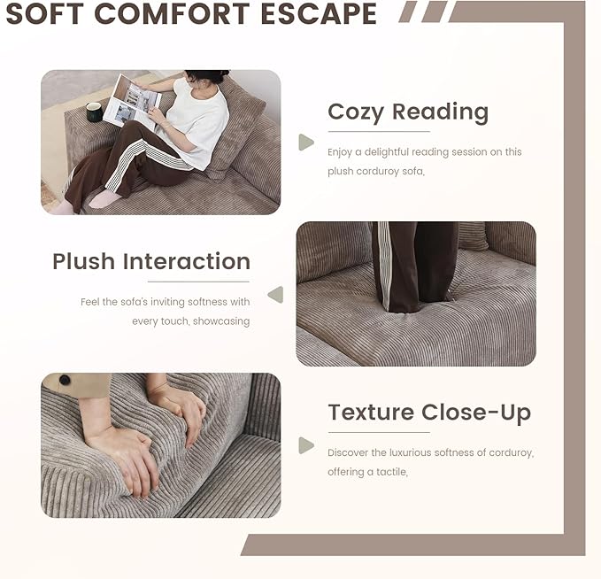 Sectional Couches for Living Room,102inch Cloud Couch Modular Sectional Sofa,Modern Corduroy Couch Love Seat,Cushion Covers Removable& Washable (Brown)