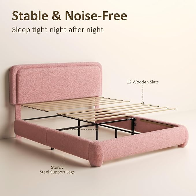Queen Bed Frame, Teddy Velvet Boucle Bed Frame with 43.3"/45.3" Adjustable Upholstered Headboard, Rounded Corners, Mattress Foundation, No Box Spring Required, Pink