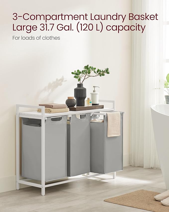 VASAGLE Laundry Hamper, Laundry Basket, Laundry Sorter with 3 Pull-Out and Removable Bags, Shelf, Metal Frame, 3 x 10.6 Gallons (40 L), 36.4 x 13 x 28.4 Inches, Dove Gray and Cloud White UBLH301W03