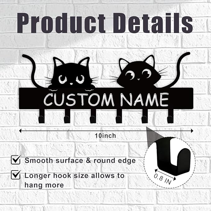 Personalized Metal Key Holder for Wall, Cat Key Holder Wall Mount, Custom Name Cat Coat Key Rack with Hook, Key Hanger Gifts for Cat Lovers, Cute Key Holder Organizer for Entryway Bedroom Decor