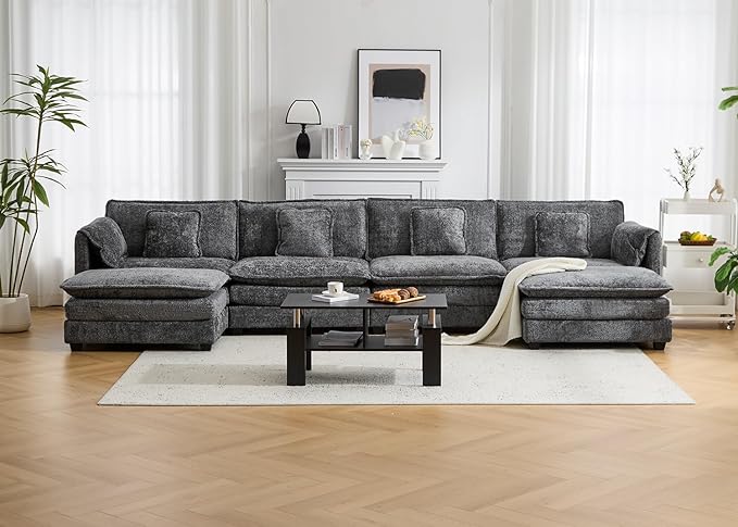 147.8" U Shaped Modular Sectional Sofa, Comfy Cloud Couch with Movable Ottoman, Deep Seat Modular Sofa, Sectional Couches for Living Room, Bedroom, Apartment (Grey)
