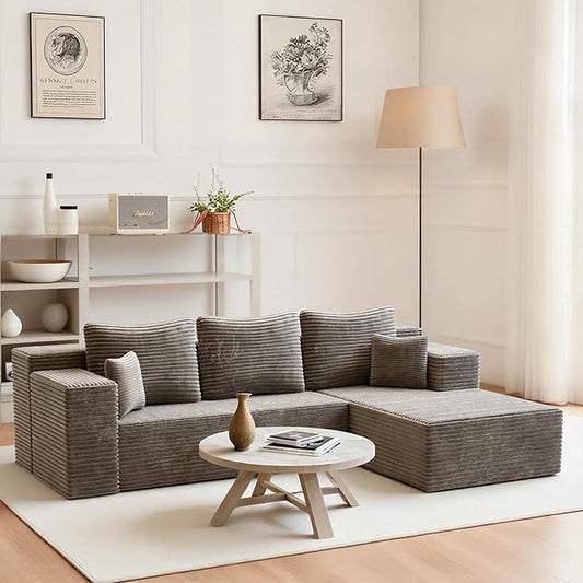 106'' Boneless Couches for Living Room, L Shaped Modular Sectional Sofa with Chaise Lounge, Faux Rabbit Fur & Layered Cushion Deep Seat Cloud Couch, No Assembly (Light Coffee, Right Facing Chaise)