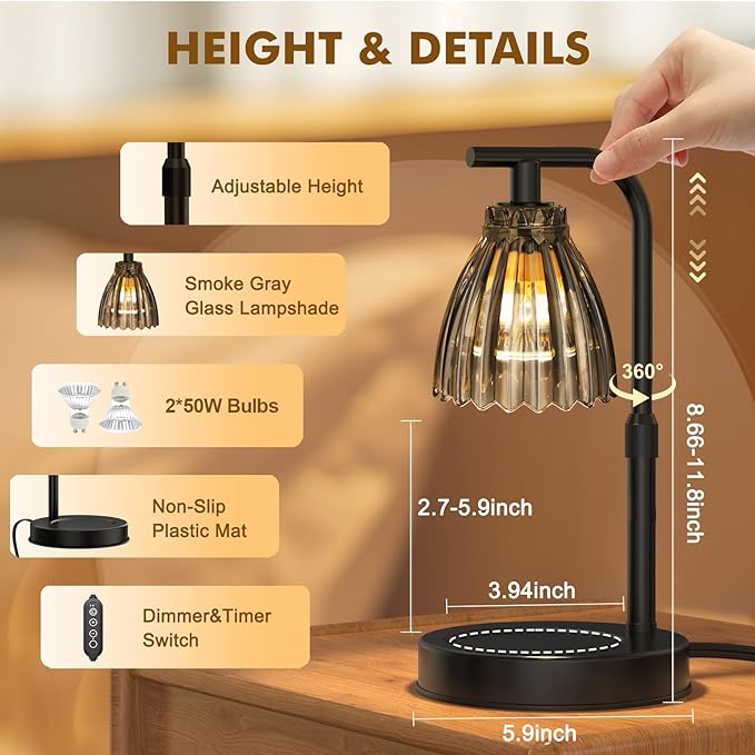 Uflatek Candle Warmer Lamp with Dimmable Timer, Electric Candle Lamp Warmer with Adjustable Height and 2 Bulbs, Birthday and Housewarming Gift for Women and Moms, Home Decor