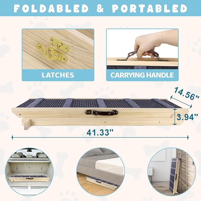 Dog Ramp for Bed, 6 Adjustable Height from 13.8" to 25.6", Folding Wooden Pet Ramp Suitable for Small and Medium-Sized Dogs - Non-Slip High Traction Dog Ramp for High Bed Couch and Car Up to 200lbs