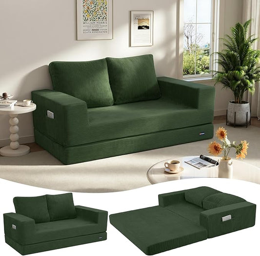 COMAX Convertible Sofa Bed Queen, Folding Fold Out Couch Bed, Floor Futon Couch Corduroy Sleeper Mattress with Back Pillows, Boneless Sofa Comfy Lounge Loveseat for Living Room Bedroom, Green