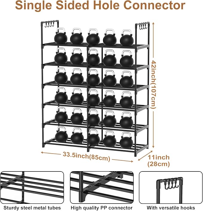 2-Row 6-Tier Stackable Shoe Rack, Black Metal Shoe Shelf with Multifunctional Hooks, Hold 24-30 Pairs, Space Saving Shoes Organizer for Closet,Show Rack