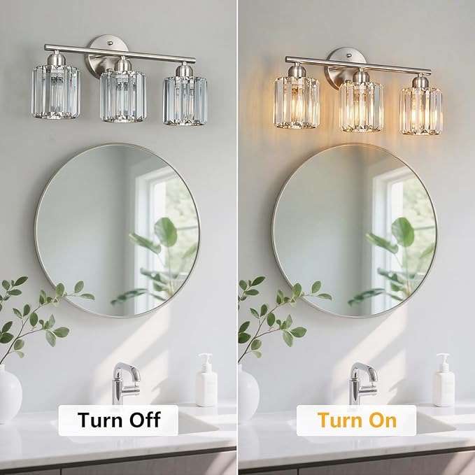 Modern 3 Light Crystal Vanity Light, Brushed Nickel Vertical Bathroom Light Fixture Over Mirror for Dressing Table Sink, Compatible with Dimmable Bulbs (Bulbs Not Included)