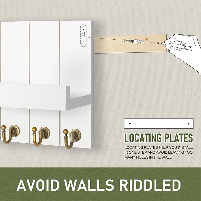 Rebee Vision Key Holder for Wall - Decorative Mail Organizer Wall Mount with 5 Key Hooks for Modern Farmhouse Apartment Essentials - Home Decor for Living Room (Rustic White, 3.54"D x 10"W x 7.28"H)