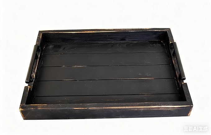 Coffee Table Tray Decorative Nested Vintage Wood Serving Tray Set for Eating, Breakfast, Party, Kitchen, Ottoman,Tea Coffee Table Large Ottoman Trays (Rustic Black, 3Pc)