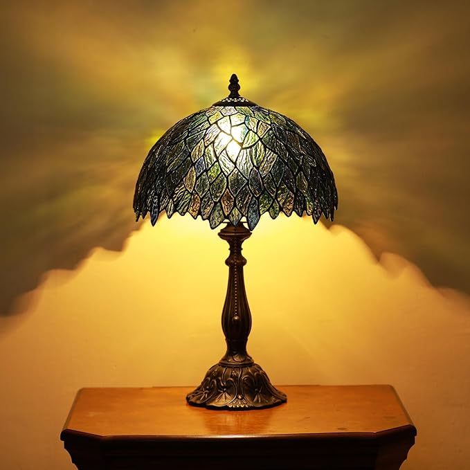 Tiffany Lamps Brownish Green Leaves Style Stained Glass Table Lamp Desk Bedside Reading Light 12X12X18.5 Inches with Bronze Resin Base Applicable to Bedroom Living Room Office