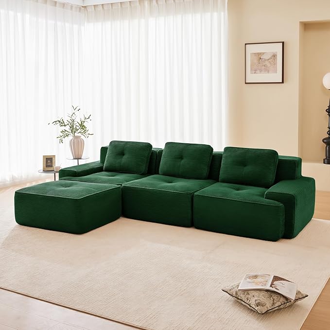 115" Modern Compressed Boneless Couch with Ottoman, 3 Seater Large L Shaped Sectional Couches for Living Room, Green Corduroy Cloud Modular Sectional Sofa, Memory Foam, Extra Deep, No Assembly