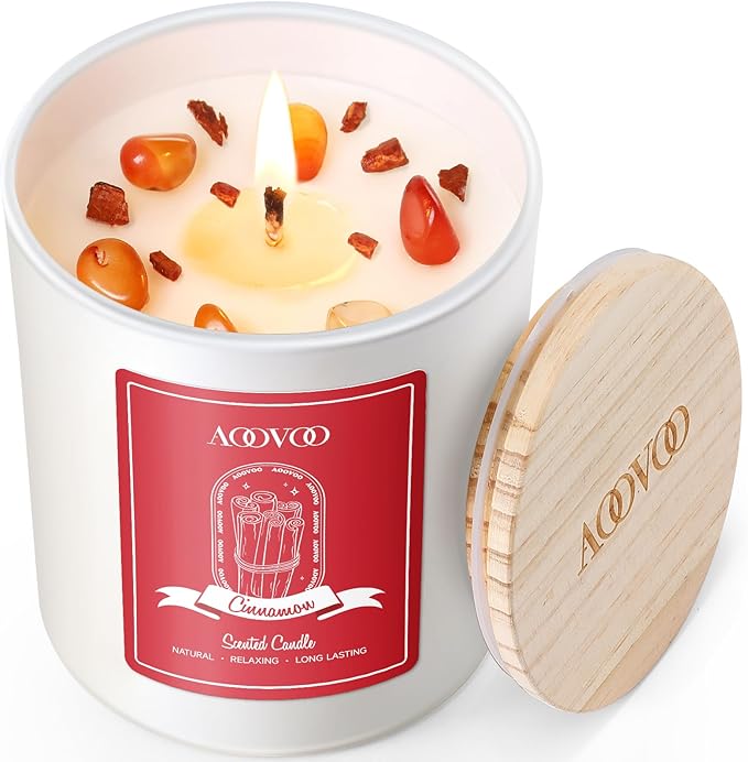 AOOVOO Cinnamon Scented Candles for Women - Aromatherapy Candle with Crystals Inside, 10oz Soy Candles for Home Scented, Birthday Gifts Christmas Candle for Women Mom