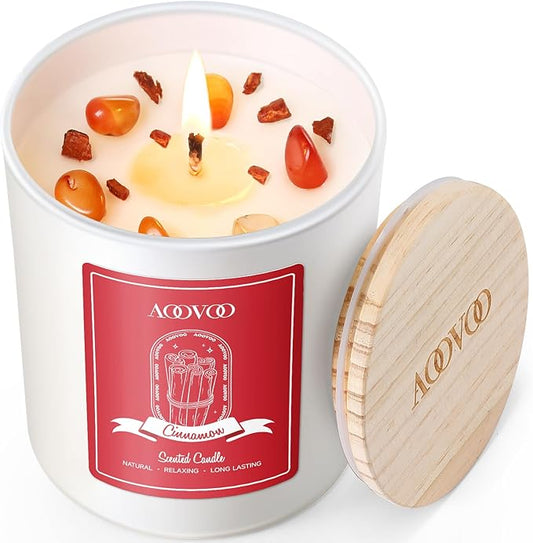 AOOVOO Cinnamon Scented Candles for Women - Aromatherapy Candle with Crystals Inside, 10oz Soy Candles for Home Scented, Birthday Gifts Christmas Candle for Women Mom