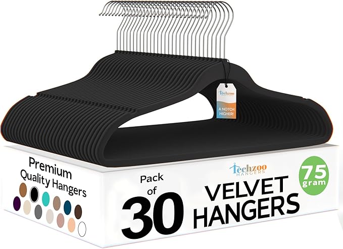 Premium Velvet Hangers 30 Pack Ultra Thin Non Slip Adult Felt Space Saving Suit Hanger for Closet Heavy Duty Coat Pants Jackets Dress Hangers 360° Swivel Hook Hold Upto 10 lbs Black