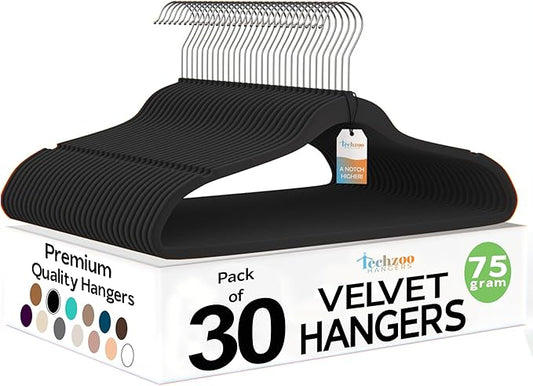 Premium Velvet Hangers 30 Pack Ultra Thin Non Slip Adult Felt Space Saving Suit Hanger for Closet Heavy Duty Coat Pants Jackets Dress Hangers 360° Swivel Hook Hold Upto 10 lbs Black