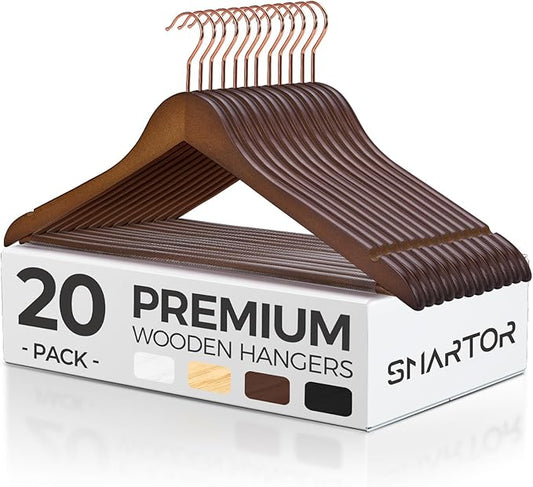 Smartor Wooden Hangers 20 Pack, Solid Wood Coat Hanger for Closet, Heavy Duty Wood Hangers for Suits, Shirts, Dresses, with 360° Rose Gold Hook, Non Slip Pant Bar, Walnut