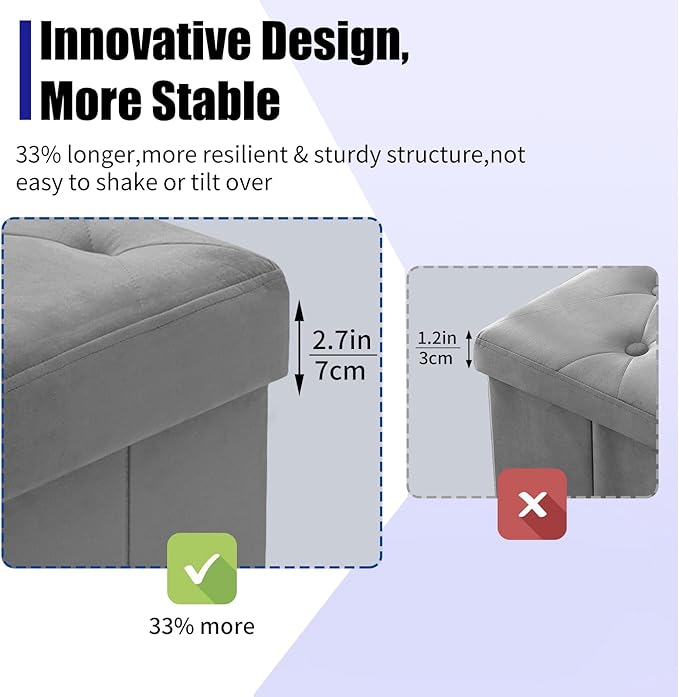 BRIAN & DANY 43 Inches Folding Storage Ottoman Bench, Velvet Ottoman with Storage for Living Room, Long Shoes Bench,Flannelette Footrest Benches Seat (Grey)