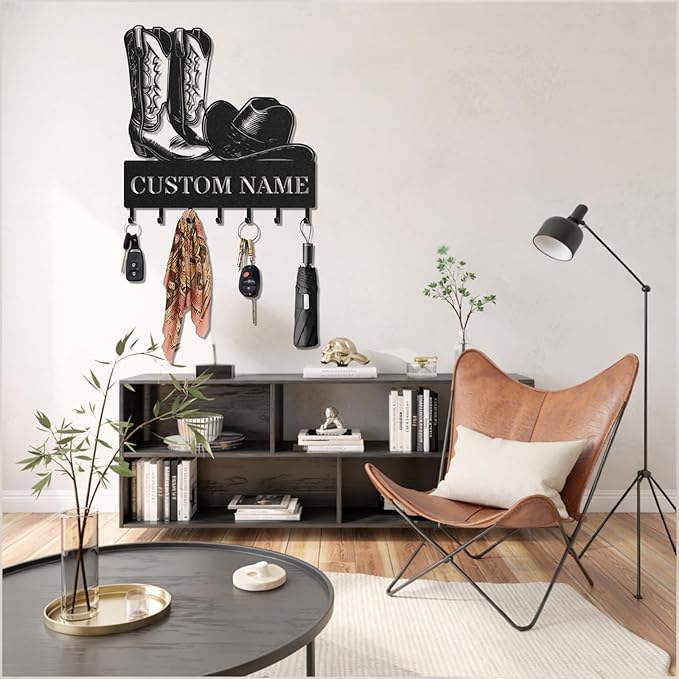 Personalized Key Holder for Wall, Custom Metal Cowboy Key Hooks with Name, Meta Jacket Holder Hooks Organizer Rack, Jacket Hanger Decor for Kitchen, Entryway, Hallway, Office, Doorway