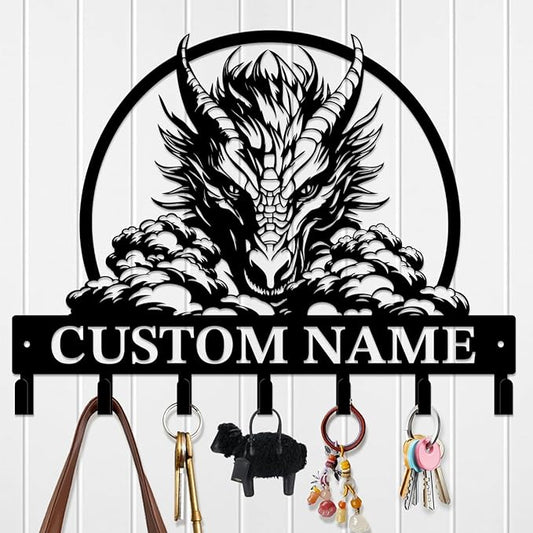 Customized Name Key Hook - Evil Dragon Design Keys Holder Decor Black Iron Metal Wall Organizer for Home & Office (Multiple Sizes) (Style E)
