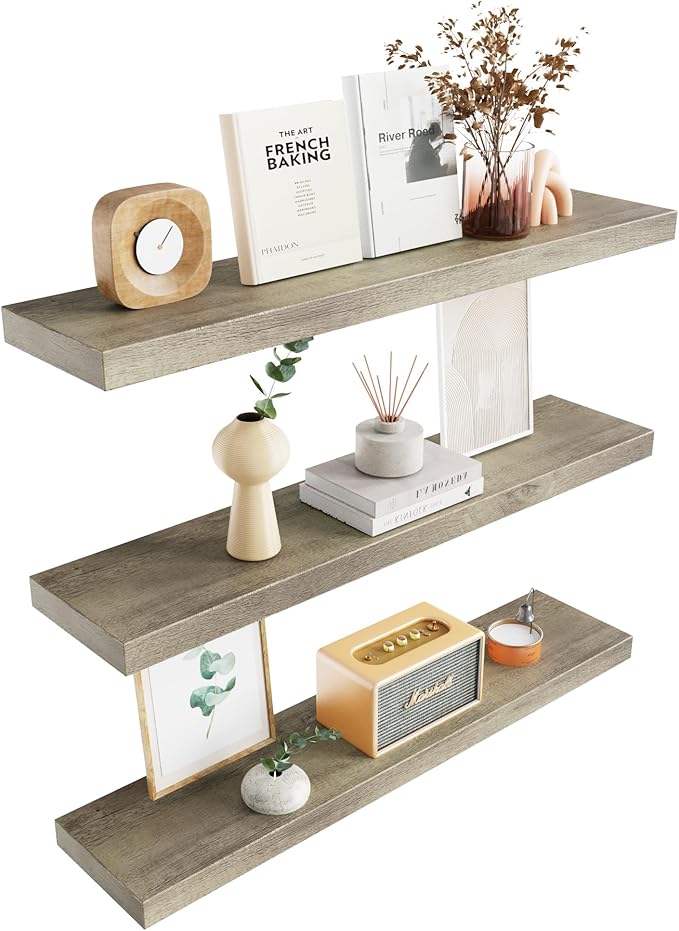 Colima Floating Shelves for Grey Wood Shelf for Bedroom, 36 Inch Wall Mounted Floating Shelves for Bathroom Living Room Kitchen Office, 1.5" Thick Floating Book Shelves for Wall, Set of 3