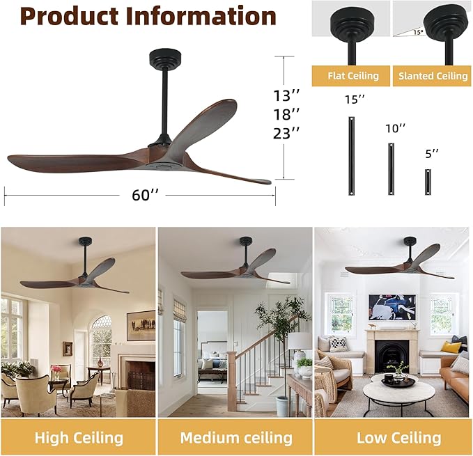 Outdoor Ceiling Fan Without Light, 60 Inch Smart Ceiling Fan with Remote & Voice Control for Alexa/Google, 3-Blade Wood Fan, Quiet DC Motor, 6 Speeds for Patio, Porch, Farmhouse, Dark Walnut