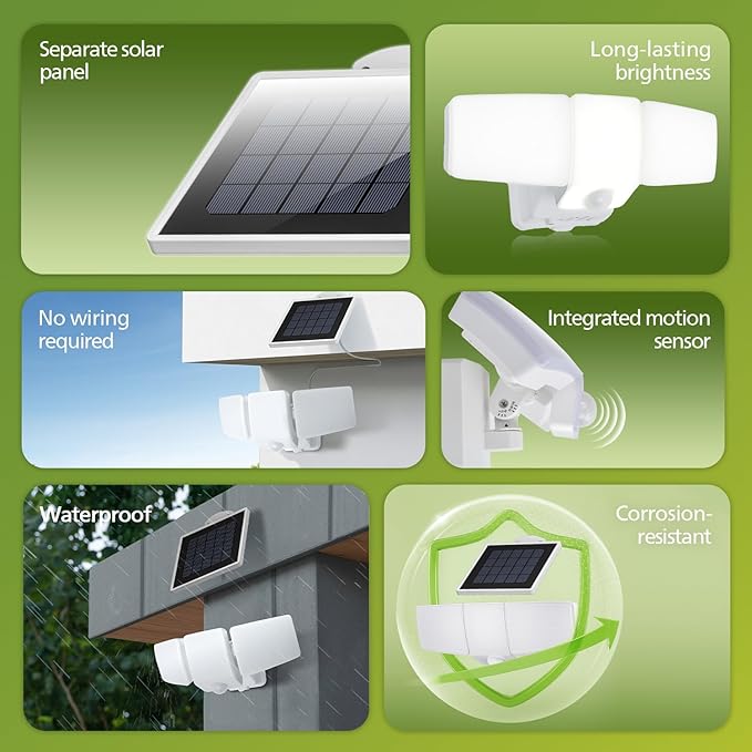 Philips 3600LM Solar Security Lights, 5000K waterproof Dimmable LED Motion Sensor Outdoor Lights, 3 Adjustable Heads w/16ft Cable, Separate Solar Panel with 3 Modes Solar Flood Lights for Yard, Garage