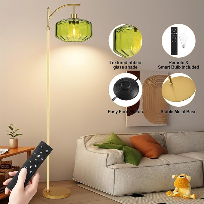 Arc Floor Lamps for Living Room Bedroom,Gold Floor Lamp with Remote Control & Glass lampshape,Dimmable Floor Lamp Modern Mid Century Modern Standing Lamp Vintage Tall Flower Lamp for Bedroom Corner