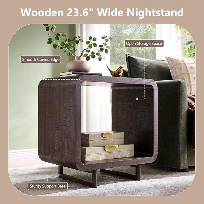 23.6" Modern End Table, 2 Tier Side Table with Charging Station, Simple Bedside Table with Open Storage Shelf, Outlet, Wooden Nightstand for Bedroom, Living Room, Study, Easy Assembly, Brown