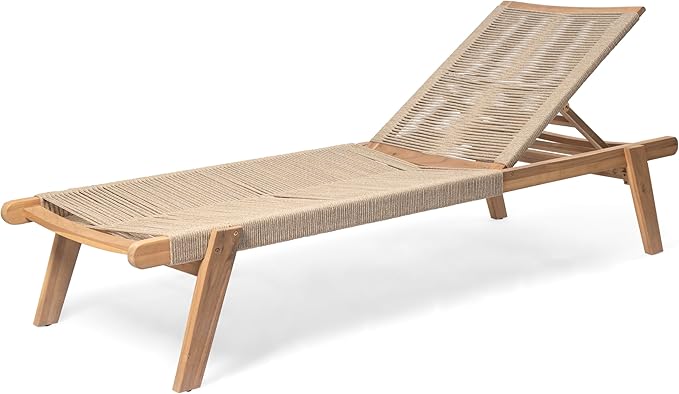 Christopher Knight Home Lurelala Set of 4 Outdoor Patio Wood Adjustable Chaise Lounges with Rope Seating, Rope Chaise Lounge with Acacia Wood Frame, Chaise Lounge for Poolside Balcony, Teak+Beige