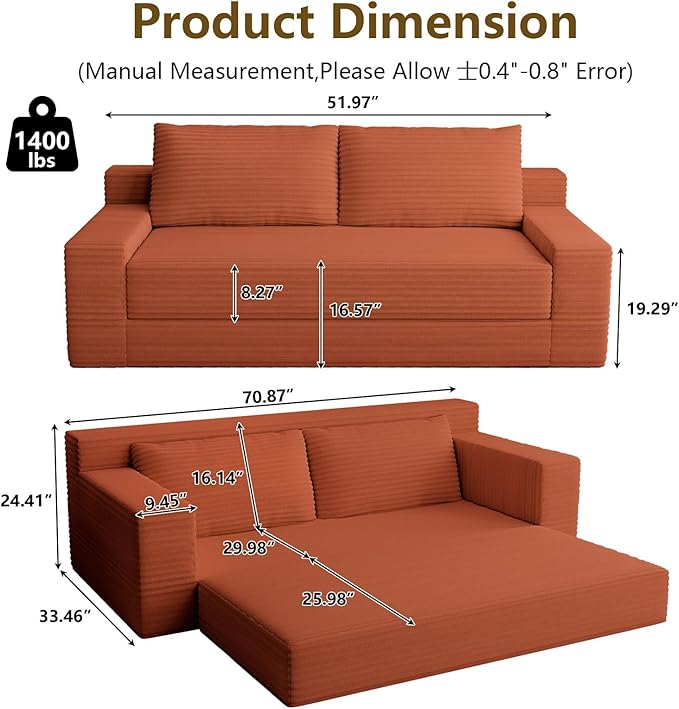 70.78" Loveseat Sofa, Modern Small Corduroy Couch Comfy Deep Seat for Living Room, Bedroom, Apartment, Home Office, No Assembly, Orange