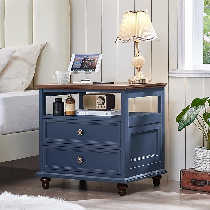 24" Wide Farmhouse Nightstand with Charging Station Set of 2,54" 7 Drawers Dresser, 37" Tall Rustic Chests of Drawers, Farmhouse Furniture Series for Bedroom,DarkBlue