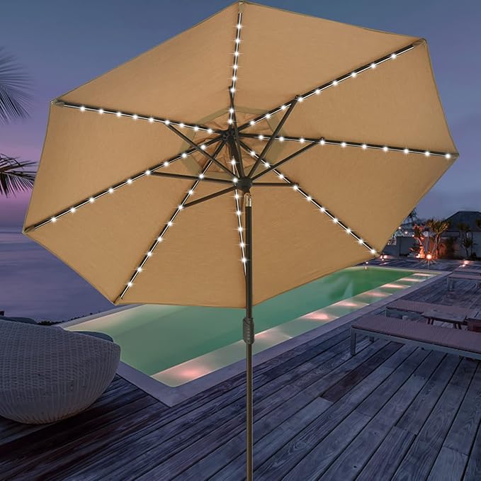 EliteShade USA 10-Year-Non-Fading Solar 9ft Market Umbrella with 80 LED Lights Patio Umbrellas Outdoor Table Umbrella with Ventilation, Heather Beige