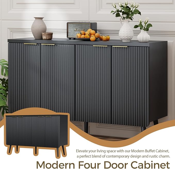 4-Door Fluted Sideboard Buffet Cabinet, 47" Large Storage Cabinet with Shleves, Wood Modern Accent Credenza Kitchen Table for Dining Room, Living Room & Entryway, Black