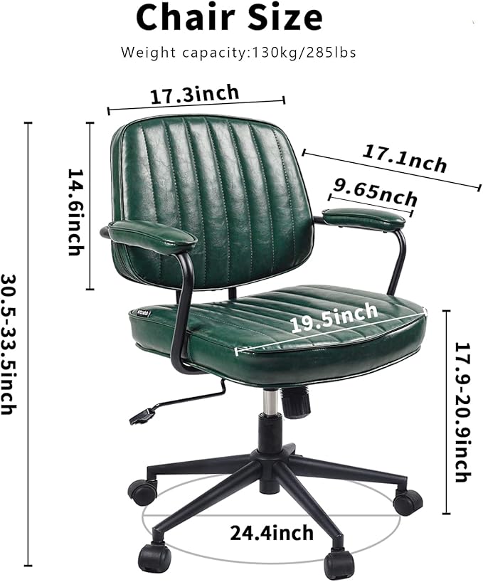 Artswish Mid Century Office Desk Chair - Green Leather Home Office Chair with Wheels and Arms