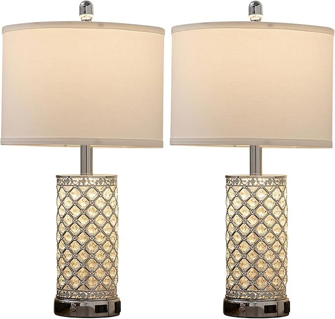 Crystal Table Lamps Set of 2, 3-Way Dimmable Bedside Lamp with 2 USB Ports & AC Outlets for Living Room Bedroom Nightstand Lamp Night Light (Silver- 2 Pack 24In)