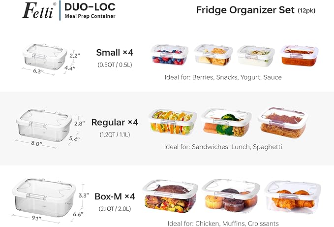 Felli Duo Loc Meal Prep Container for Refrigerator, Leak Proof Stackable Kitchen Tupperware for Leftovers Food Storage Travel Lunch Container, Christmas Gift for Her (Fridge Organizer 12pk)