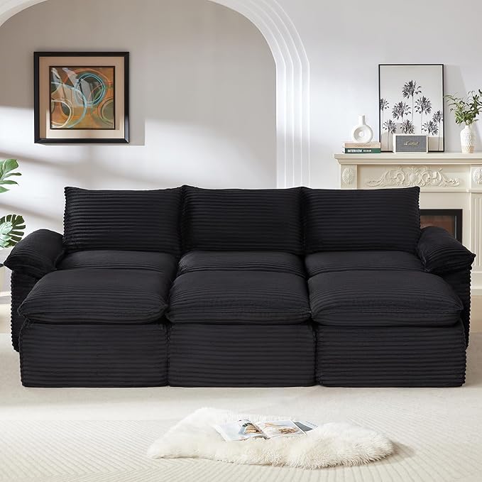 111" Cloud Sectional Couch, Corduroy Sectional Sofa with Ottoman, Boneless Couch with Deep Seat in a Box for Living Room, No Assembly Required (Black)