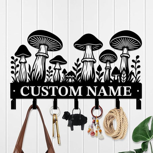 Customized Keys Holder - Personalized Mushroom Wonderland Key Hooks Wall Metal Sign Decor,Wall Holder,Door Hook (Style B)