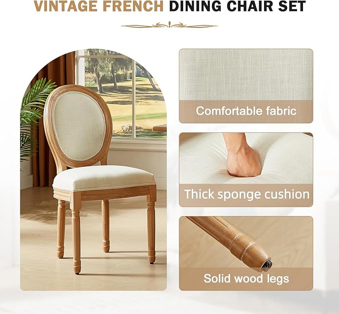Nrizc French Country Dining Chairs Set of 4, Farmhouse Fabric Chairs with Round Back, Solid Wood Legs, Oval Side Chairs for Kitchen/Bedroom/Dining Room