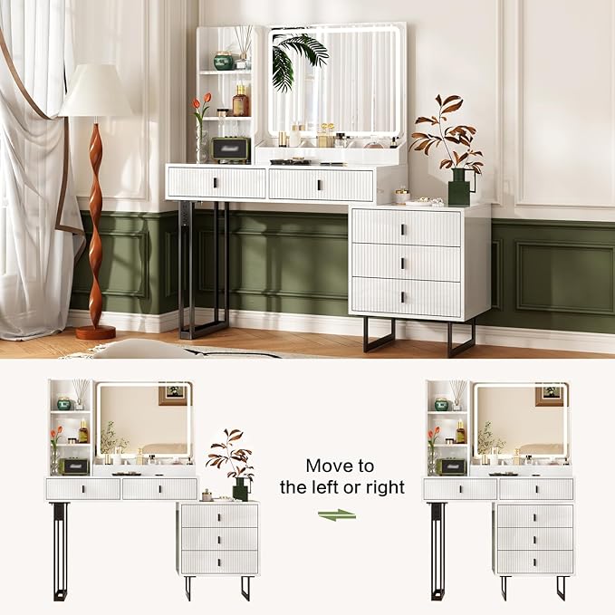 Large Vanity Desk with 3 Color Touch Screen Dimming Mirror, Vanity Desk with Charging Station, Modern Retractable Makeup Dressing Table, Makeup Table With storage shelves and 5 Sliding Drawers, White