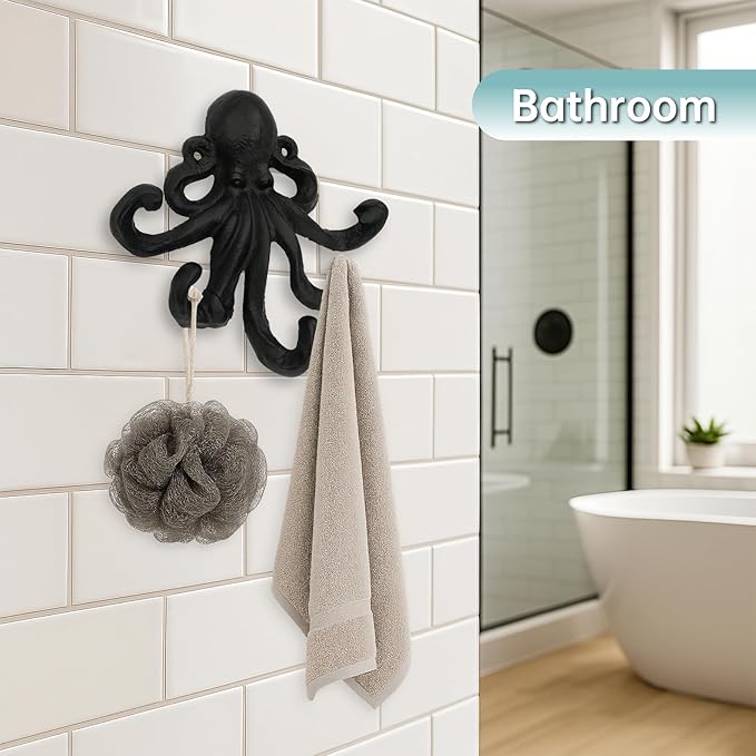 Octopus Cast Iron Wall Hook – Nautical Decorative Key Holder, Coastal Ocean Theme Wall Hanger for Entryway, Bathroom, or Bedroom, Heavy Duty Black Metal Hook