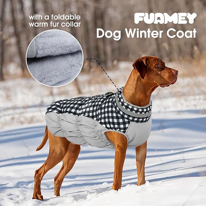 FUAMEY Dog Coat for Medium Dogs,Waterproof Dog Winter Jacket with Harness Built in Puppy Cold Weather Coats Reflective Pet Vest with Zipper Warm Fleece Dogs Snowsuit Windproof Checkerboard M