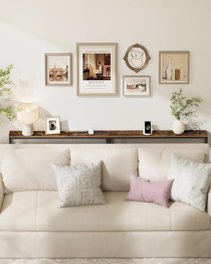 VASAGLE Set of 2 Console Tables with Power Outlets, Slim Behind Couch Sofa Tables, 5.9 x 39.4 x 31.5 Inches, 2 Hooks, Easy Assembly, for Entryway, Living Room, Rustic Brown and Ink Black ULNT078K01