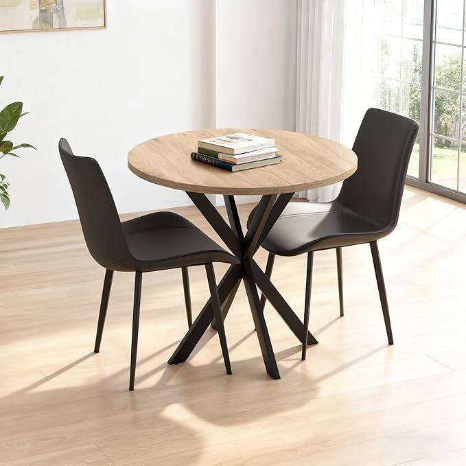 31.5" Round Dining Table and Chairs Set for 2, Small Dining Table Chairs Set Space-Saving, Round Table Set with Upholstered Chairs for Kitchen Dining Room Apartment(Natural + Black)