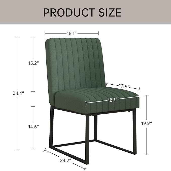 VKNOW Upholstered Dining Chairs Set of 6, Modern Dining Room Chairs with Stripe, Linen Kitchen Chair Dinner Chair with Black Metal Base for Kitchen Office, Green