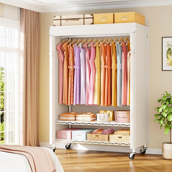 P6C Plus Rolling Clothes Rack with Cover, Covered Clothing Rack Heavy Duty, Portable Closet for Hanging Clothes, Garment Rack on Wheels, White Closet Rack with White Cover, Max Load 375LBS